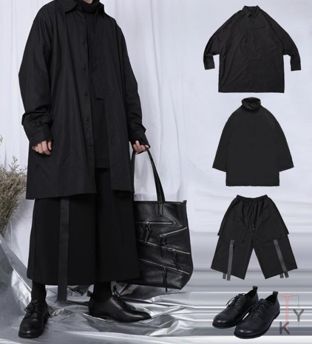 カーディガン ロングシャツ メンズ ロング丈 フード付き 黒 個性派