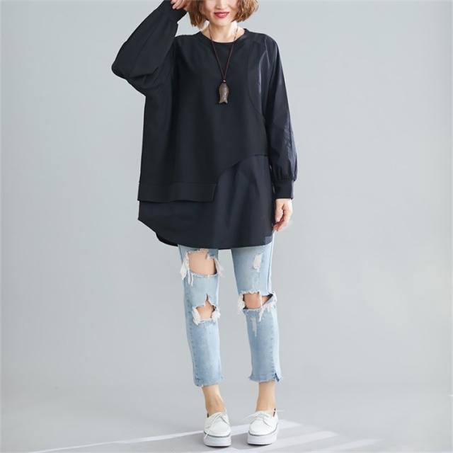 トップス パーカー 長袖tシャツ tシャツ プルオーバー レディース チュニック 長袖 Uネック スプライス 体型カバー ゆったり 無地 シンプル ウ トップス パーカー 長袖tシャツ tシャツ プルオーバー