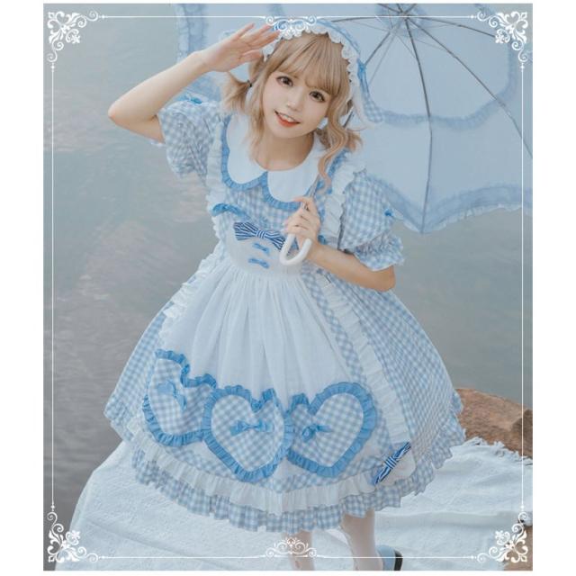 Lolitaワンピース レディース セットアップ 2セット トップス 少女 お姫様 フリル襟 レース 蝶結び付き エプロン 膝丈 ロリータ風 Lolitaワンピース レディース セットアップ 2セット トップス 少女