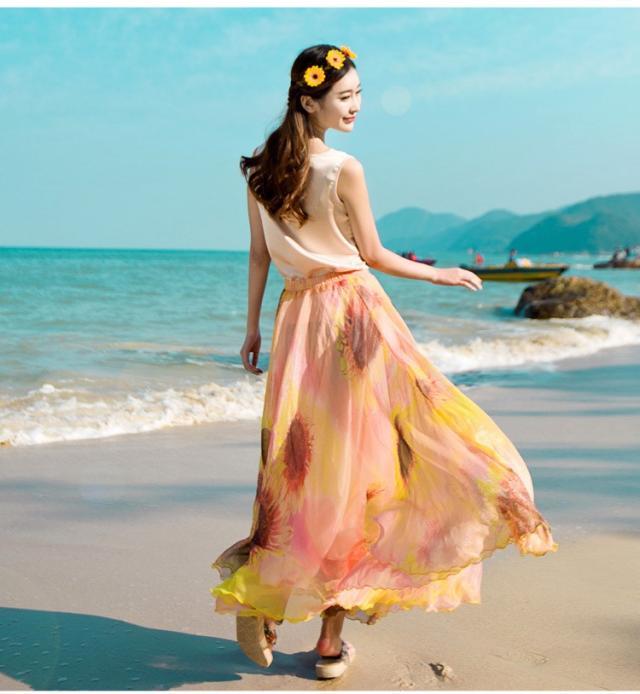 マキシスカート プリーツスカート 花柄ロングスカート シフォン