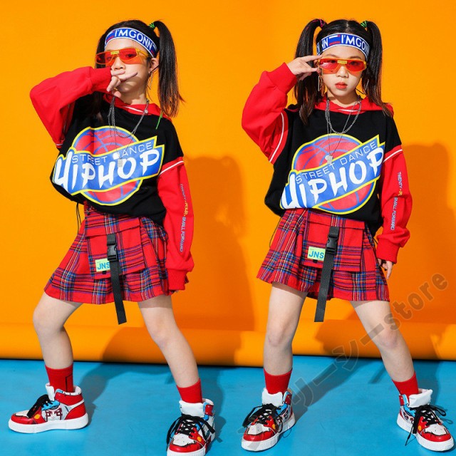 キッズダンス衣装 HIPHOP ヒップホップ 吹奏楽 演出服 スカート パーカー 長袖 フード付き チェック 踊り 団体服 アピール 卒業 レッド  の通販はau PAY マーケット バルデリ au PAY マーケット－通販サイト