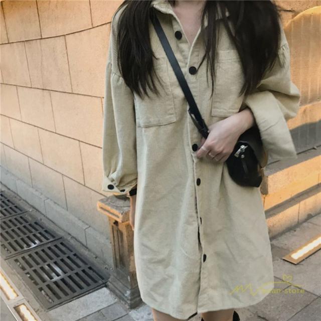 シャツワンピース ミニ丈 レディース 無地 長袖 コーデュロイ ショート