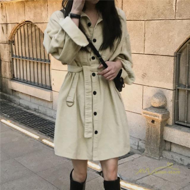 シャツワンピース ミニ丈 レディース 無地 長袖 コーデュロイ ショート