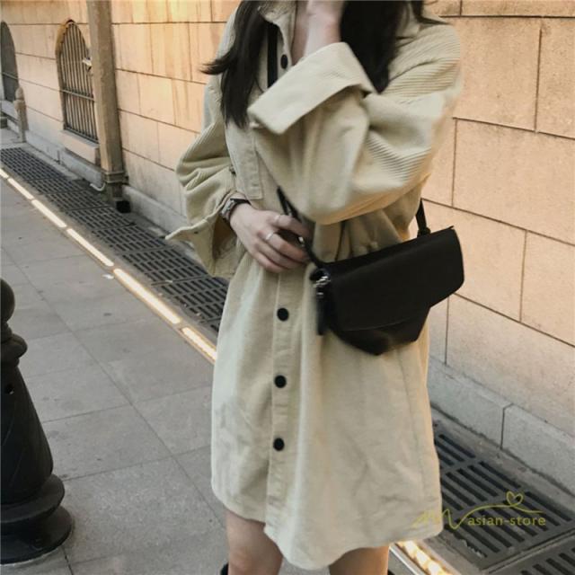 シャツワンピース ミニ丈 レディース 無地 長袖 コーデュロイ ショート