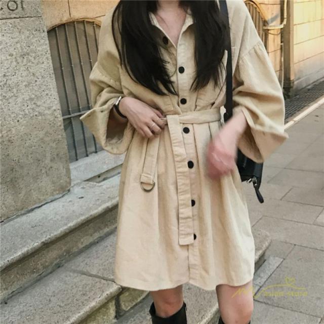 シャツワンピース ミニ丈 レディース 無地 長袖 コーデュロイ ショート