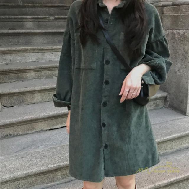 シャツワンピース ミニ丈 レディース 無地 長袖 コーデュロイ ショート
