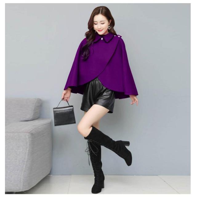 フェイクウール ケープコート マントコート レディース 春 パープル