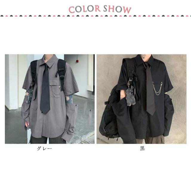 チェーン&ネクタイ付き ハンサムシャツ 長袖 ゆったり ２色 チェーン付き カジュアルシャツ レディース ネクタイ付き 大きい