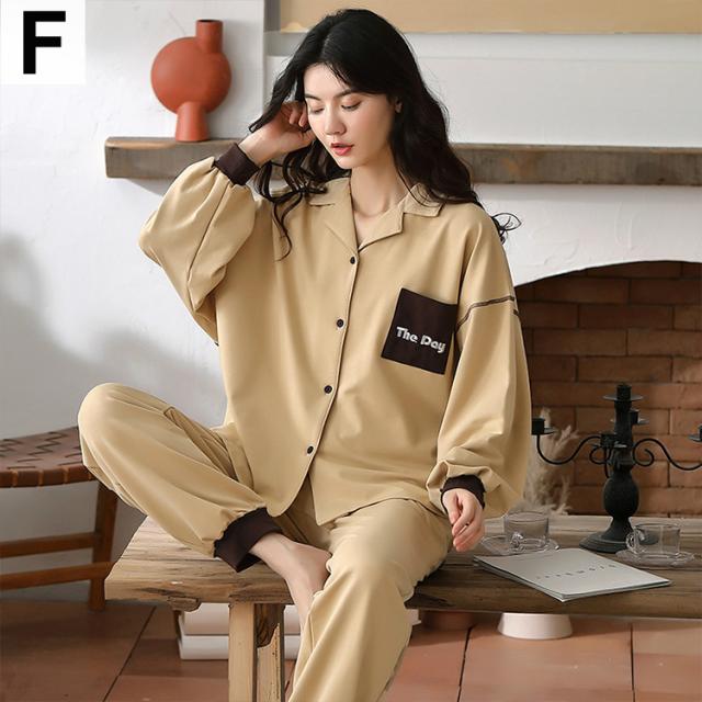 ナイトウェア ルームウェア パジャマ 部屋着 レディース 襟付き 総柄 上下セット 長袖 ワンポイント 裾リブ カジュアル ベージュ ナイトウェア ルームウェア パジャマ 部屋着 レディース 襟付き 総柄