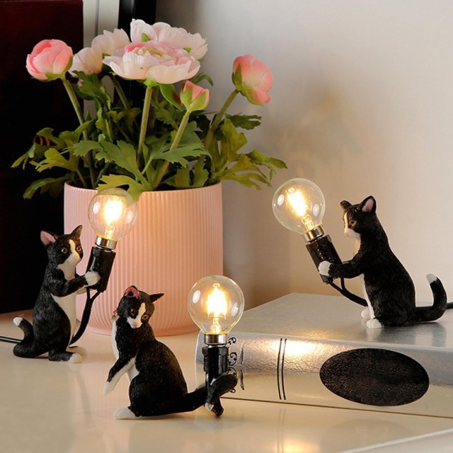 寝室猫形デスクライトベッドサイドテーブルランプ照明黒110x60x120mmの