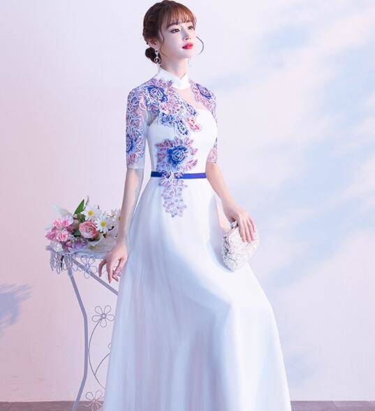 直営店限定 イブニングドレス パーティードレス 安い 可愛い 結婚式 披露宴 ロングドレス パーティー 刺繍 レース スタンドカラー 在庫有 Www Themarketleaders Co Il