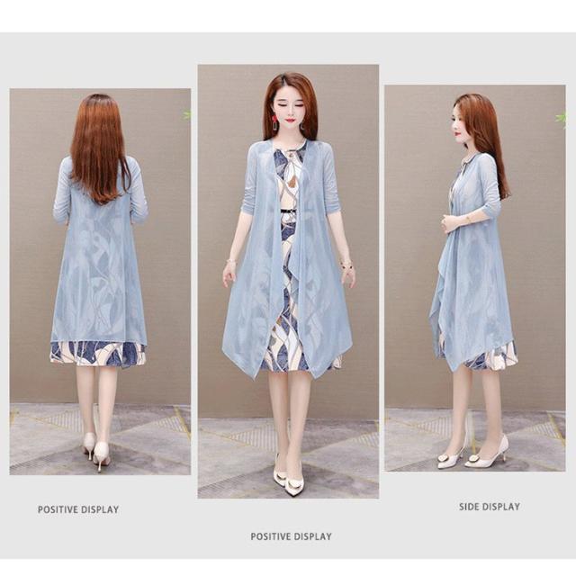 ワンピース2点セット レディース 春夏 膝丈ワンピース 幾何プリント 五分袖ロング丈ガウン UVカット オシャレセットアップ 大人 上品 着痩せ 40代 紫外線カット 最新作，SALE ワンピース2点セット レディース 春夏 膝丈ワンピース