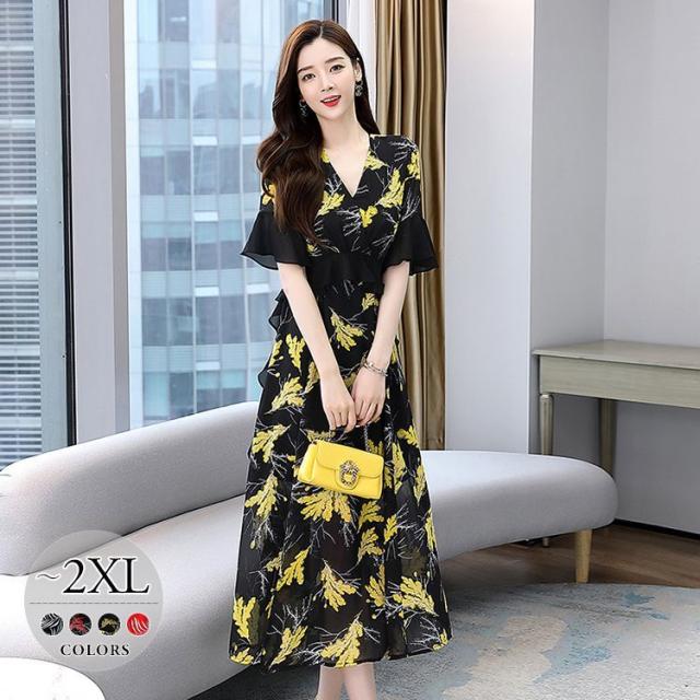 豪華 ワンピース 春夏 ボタニカル柄 袖フレア シフォン素材 薄手 ハイウエスト ロング丈ワンピ お出かけ 可愛い 母親 女子会 ガーリー 休日 21年最新海外 Farmerscentre Com Ng