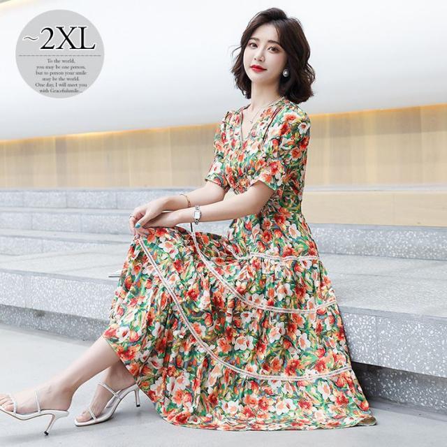 定番人気 ワンピース 花柄 半袖 Vネック ロングワンピ ロマンティック ふんわり ティアードスカート 定番 休日スタイル 可愛い 女子旅 ストリート 国内最安値 Airportandgo Com