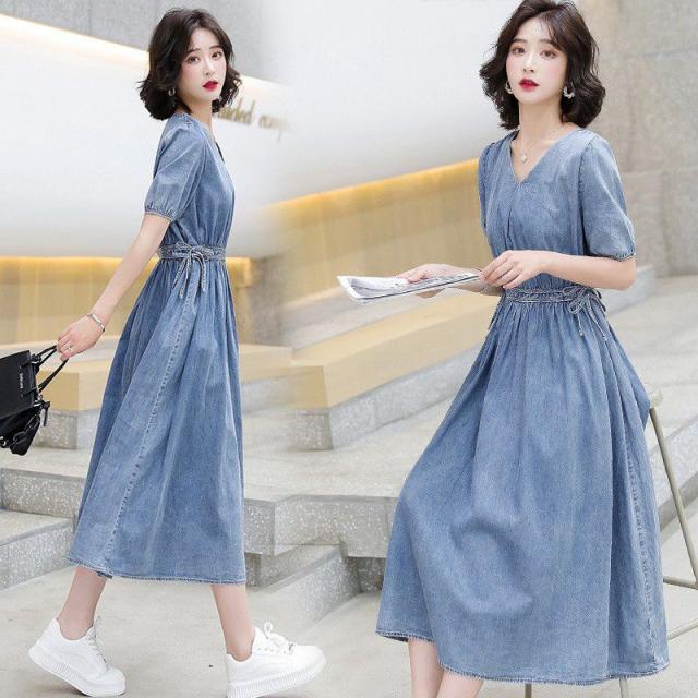 注目ブランド パフスリーブ Vネック デニム生地 ウエストリボン ロングワンピ 着やせ 美人 かわいい ドライブ 休日スタイル デート ママスタイル 可愛 セール30 Off Gdpcambodia Org