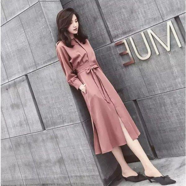 プレミアム ワンピース レディース シャツワンピ シフォン ロング丈 ロングワンピ ピンク 無地 ハイウエスト 長袖 国際ブランド Centrodeladultomayor Com Uy