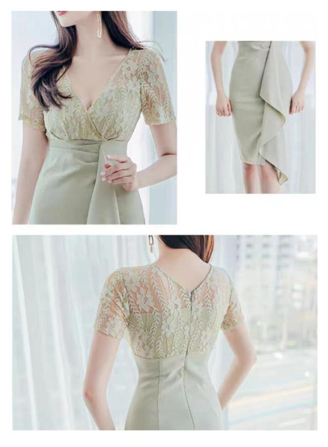 キャバ ドレス Vネック フリル 刺繍 レース シースルードレス タイト