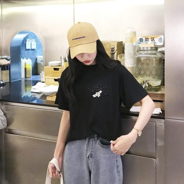 宇宙柄 刺繍 大人 白Tシャツ トップス カットソー レディース