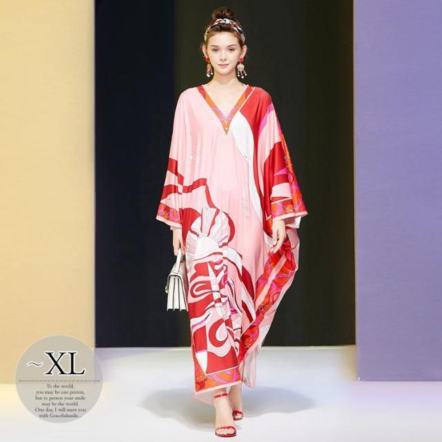 ワンピース 通販 デート お出かけ Vネック 総柄プリント 袖ゆったり お出かけ お出かけファッション 大人可愛い ドレス ドレッシー 華美 ドレス ドライブ