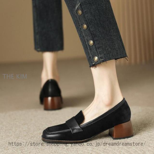 ローファー パンプス レディース 歩きやすい 大人 学生 女子 黒 4.5cm 靴 ローファー 大きいサイズ ヒール チャンキーヒール スクエアトゥ フォーマル