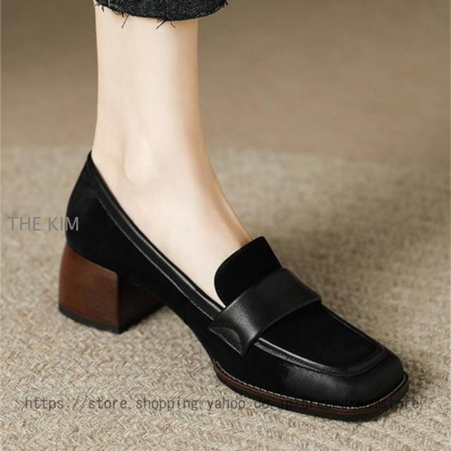ローファー パンプス レディース 歩きやすい 大人 学生 女子 黒 4.5cm 靴 ローファー 大きいサイズ ヒール チャンキーヒール スクエアトゥ フォーマル