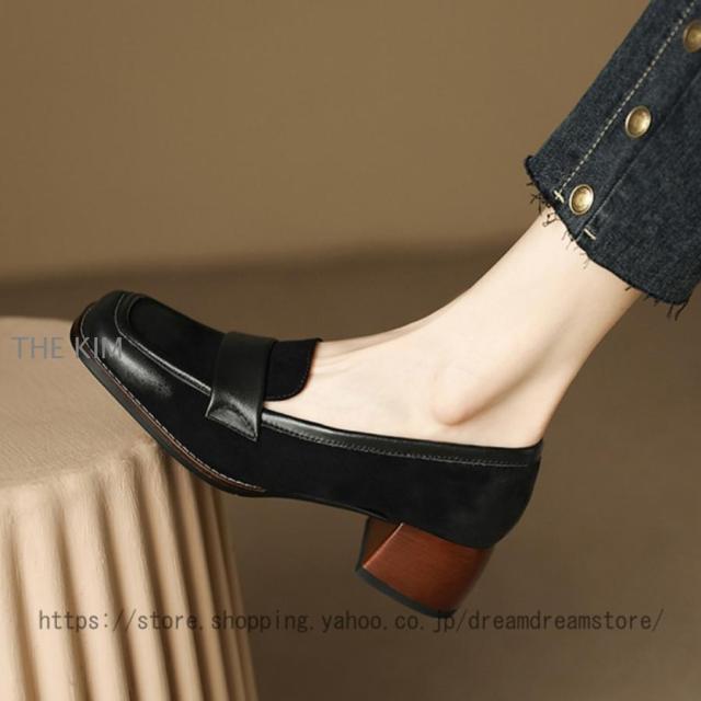 ローファー パンプス レディース 歩きやすい 大人 学生 女子 黒 4.5cm 靴 ローファー 大きいサイズ ヒール チャンキーヒール スクエアトゥ フォーマル