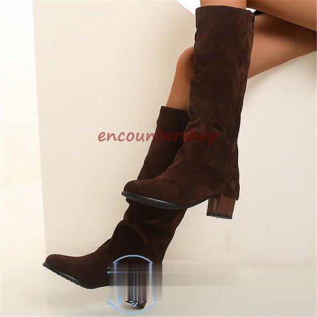 ロングブーツレディースショートブーツ黒大きいサイズロングブーツ防寒太めヒール ロングブーツスエード 美脚 シューズ 秋冬ブーツパーティー?26.5ｃ ｍ