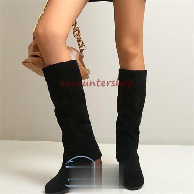 ロングブーツレディースショートブーツ黒大きいサイズロングブーツ防寒太めヒール ロングブーツスエード 美脚 シューズ 秋冬ブーツパーティー?26.5ｃ ｍ