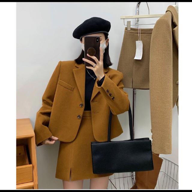 高見え スーツ キャラメル色 セットアップ ジャケット スカート ミニ