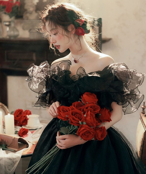 黒 ベロアドレス 前撮り 結婚式 カラードレス 花嫁お色直し ブラック