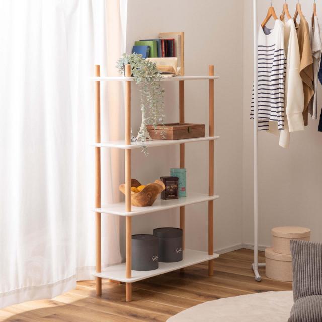 スチールフレームオープンラック 4段 シェルフ 木目天板 組み立て簡単 オープンラック 4段 簡単組立て 天然木フレーム 幅80cm