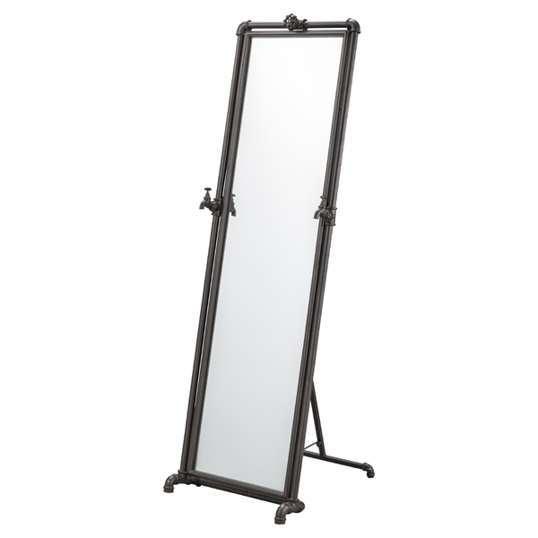 スタンドミラー パイプフレーム インダストリアル風 幅46cm 送料無料 ミラー 姿見 かがみ 鏡 全身 シンプル ブラックスチール ブラ