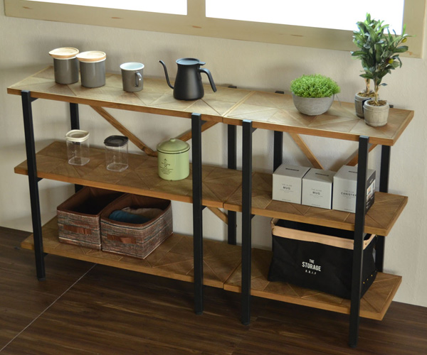 オープンラック 3段 組木 古材風 KALEIDO 約幅61cm （ 本棚 収納棚