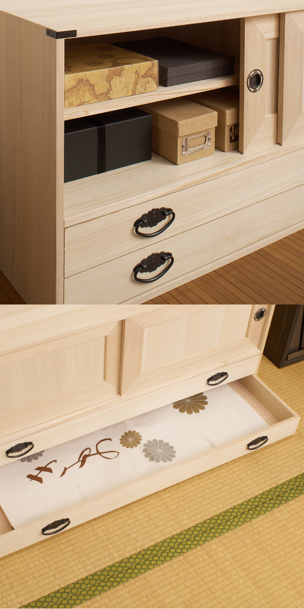 美品)桐箪笥②上部木製チェスト 扉付き収納