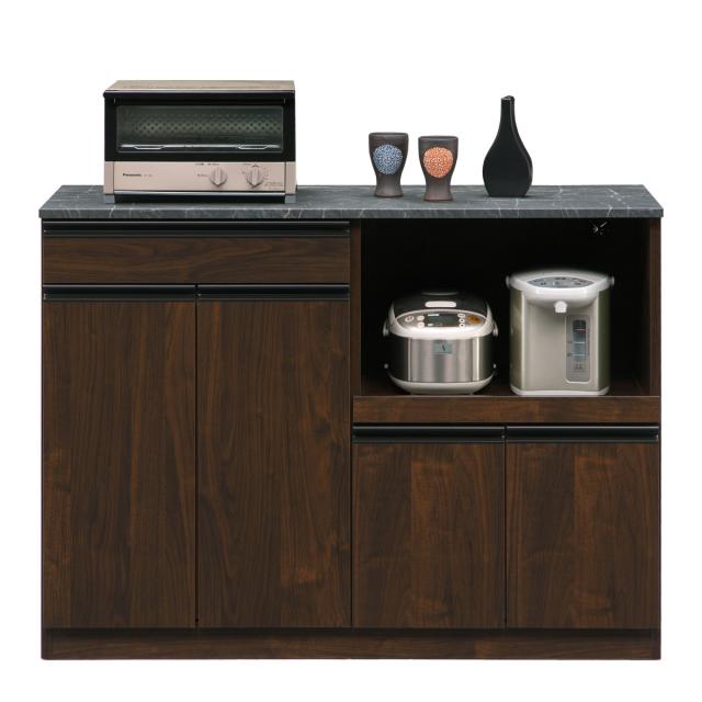 キッチンカウンター 大理石調天板 スライド棚付 幅119cm （ 開梱