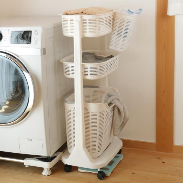ランドリーラック バスケット カゴ ゴミ箱上 洗濯かご2個付き ランドリーバスケット ポケット付き 2段 洗濯かご （ ランドリー