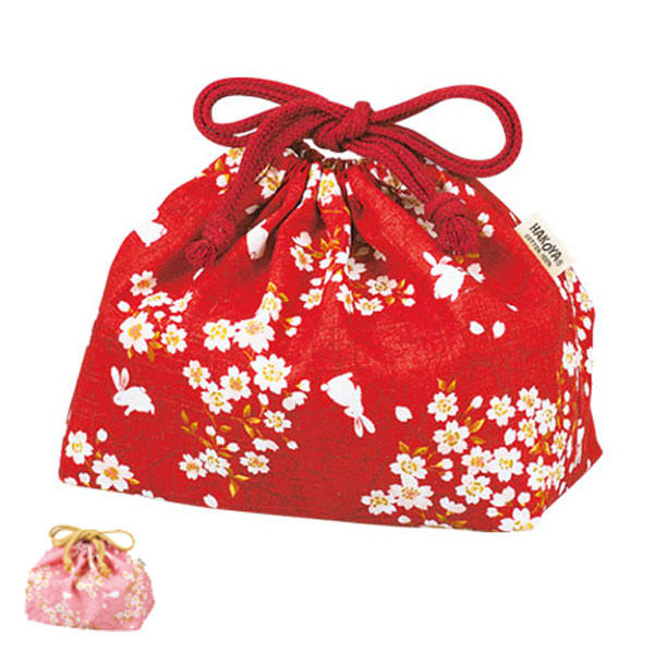 レトロフラワー柄レッド⭐️お弁当袋 コップ入れ巾着 レトロフラワー柄レッド⭐️お弁当袋 コップ入れ巾着