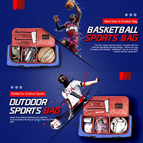 ジムバッグ 旅行用 スニーカーバッグ スニーカ アウトドア スポーツバッグ 3つの調整可能な仕切り 多機能 トラベル ダッフルバッグ ナイロン製ショルダーストラップ -Blue