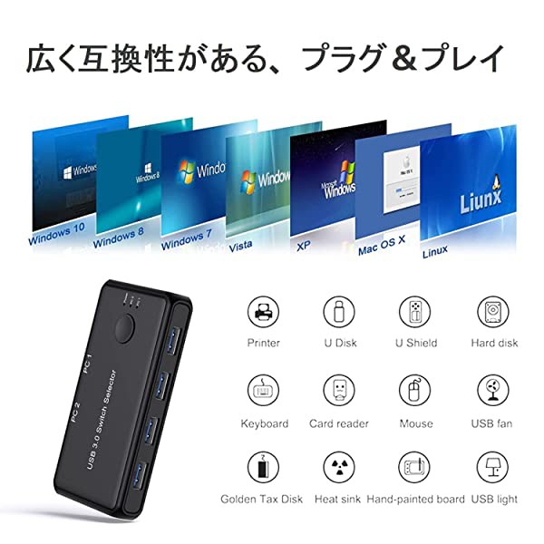 切替器 3.0 高速転送 USB 切り替え PC2台用 2入力4出力 5Gbps USB