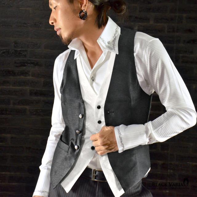 ジレ ベスト 薔薇柄 フェイクレイヤード フォーマル スリムフィット メンズ 日本製(ブラック黒×ホワイト白) 927778 ジレ ベスト 薔薇柄 フェイクレイヤード フォーマル スリムフィット