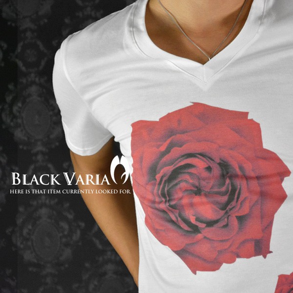 メール便可/1枚まで Tシャツ 半袖 バラ柄薔薇花柄メンズVネック