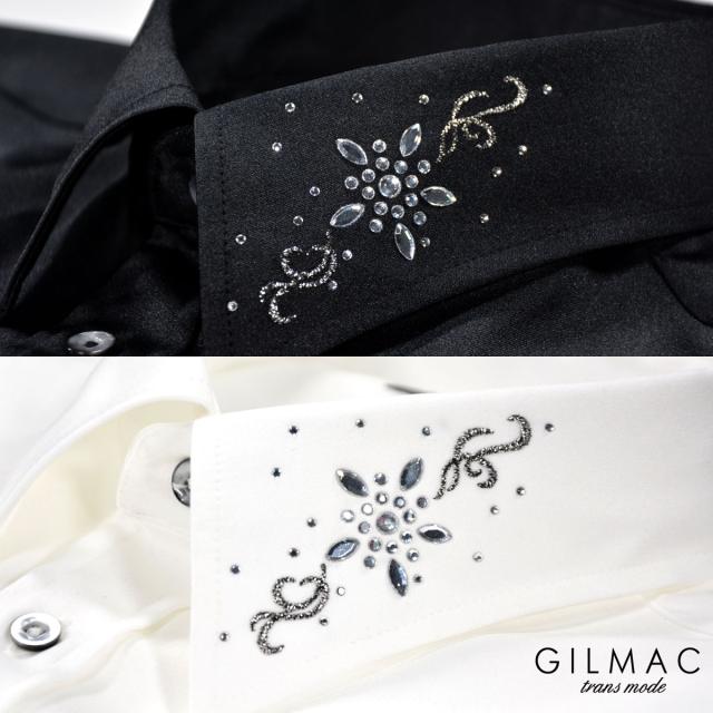 サテンシャツ 無地 日本製 レギュラーカラー メンズ 襟 花 ライン