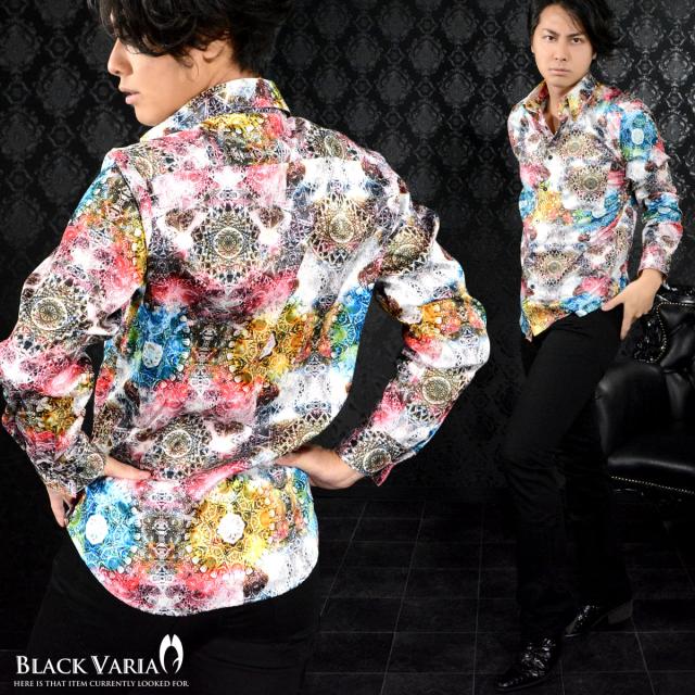 サテンシャツ ドレスシャツ 長袖 幾何学柄 宝石 万華鏡 レギュラーカラー ドゥエボットーニ 日本製 ジャガード(ホワイト白レッド赤) 171316 サテンシャツ ドレスシャツ 長袖 幾何学柄 宝石 万華鏡 レギュラー