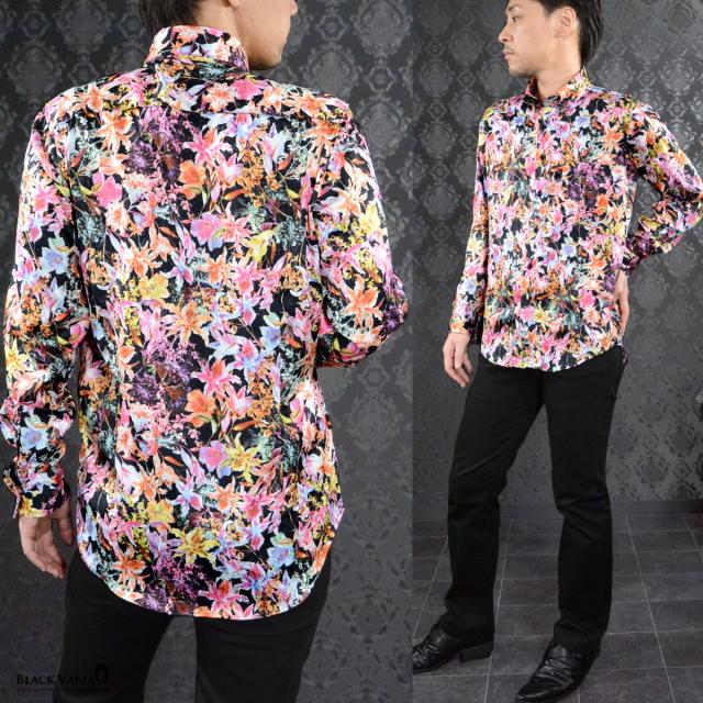 サテンシャツ ドレスシャツ 長袖 レギュラーカラー 花柄 ドゥエボットーニ メンズ 日本製(ブラック黒ピンク桃) 171710 サテンシャツ ドレスシャツ 長袖 レギュラーカラー 花柄 ドゥエ