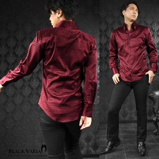 サテンシャツ ドレスシャツ スワロフスキー釦 スキッパー 長袖 千鳥格