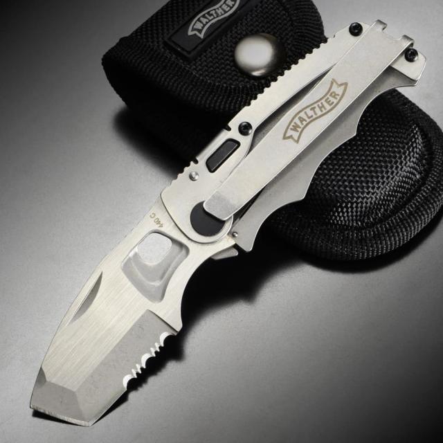 WALTHER折りたたみナイフCFKタントーフレームロック半波刃
