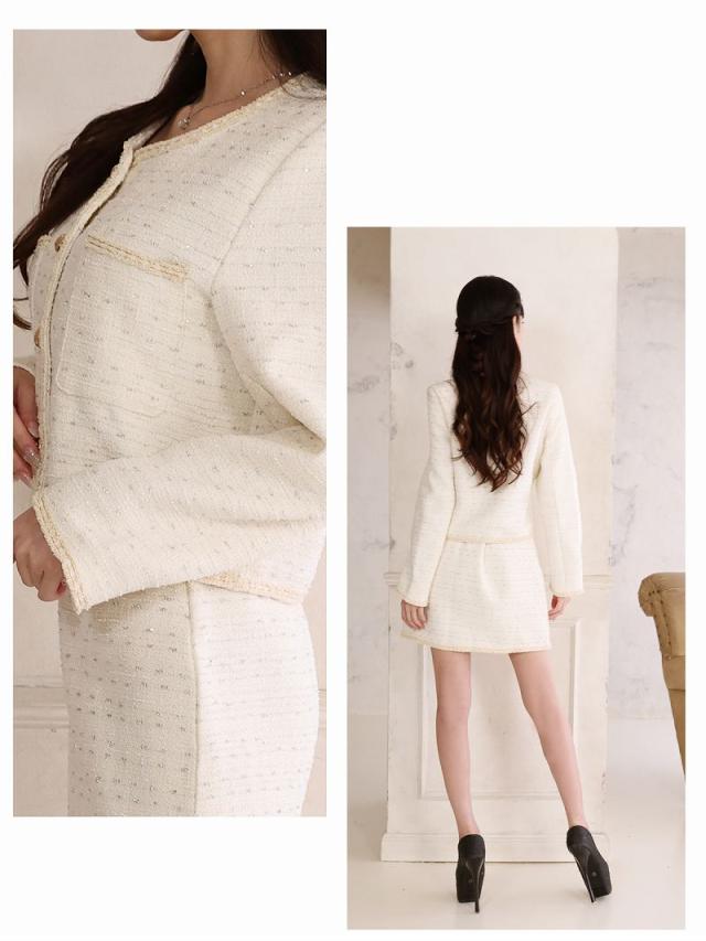 キャバスーツ Belsia.LUX  ラメツイード 白 ノーカラー 白スーツ フォーマル キャバ スーツ キャバスーツ レディー 一部予約販売 キャバスーツ Belsia.LUX ラメツイード 白 ノーカラー 白