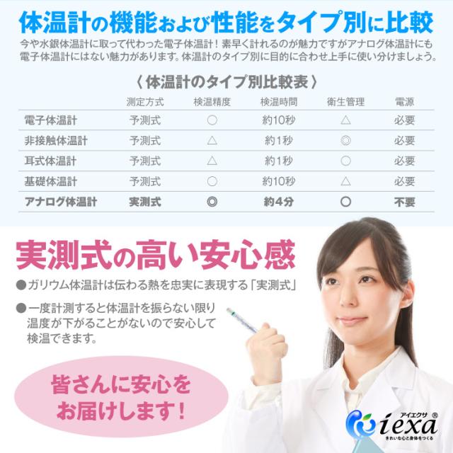 アナログ体温計 水銀フリー 体温計 液体金属ガリンスタン使用 電池不要 実測式 IX-201L iexa(アイエクサ)