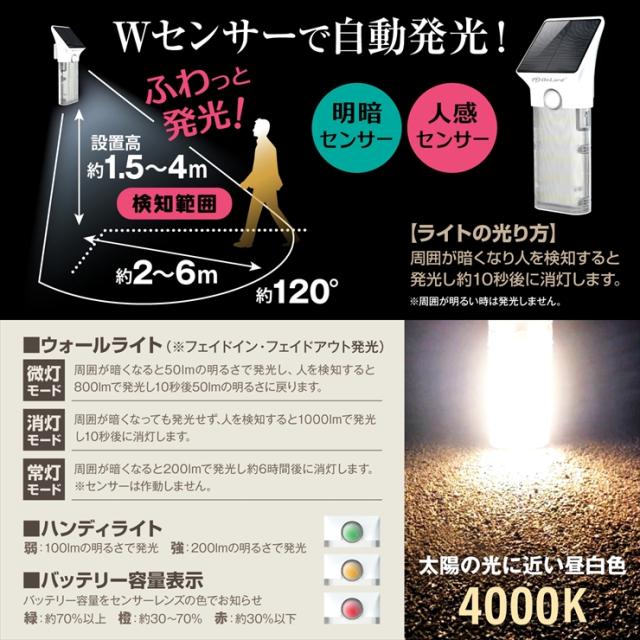 オンロード(OnLord) ソーラー充電式 脱着式センサーライト ハンディーライト LED 人感センサー 自動発光 防水 OL-337W


