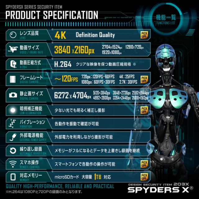 スパイダーズX 小型カメラ キーレス型カメラ 防犯カメラ 4K スマホ操作 128GB対応 スパイカメラ A-208α